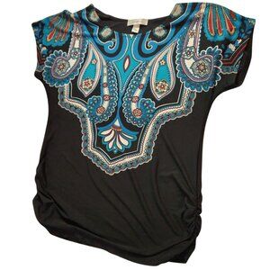 Black shirt blouse Blue Paisley Print Dressbarn Petite M open shoulder boho